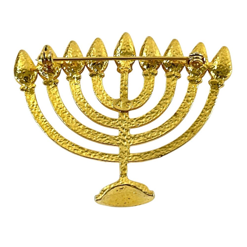 Vintage Gold Tone Menorah Hanukkah Brooch Amber Blue Rhinestone Judaica Pin - Picture 3 of 5